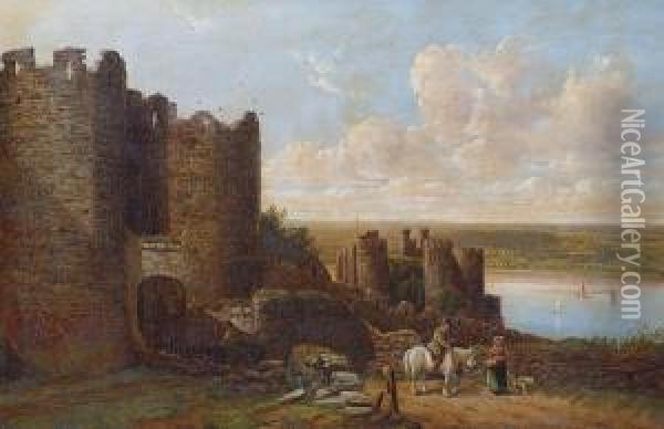 Coastal Castle With Figures And Horse Before, Possibly Conway Castle Oil Painting - John Joseph Hughes