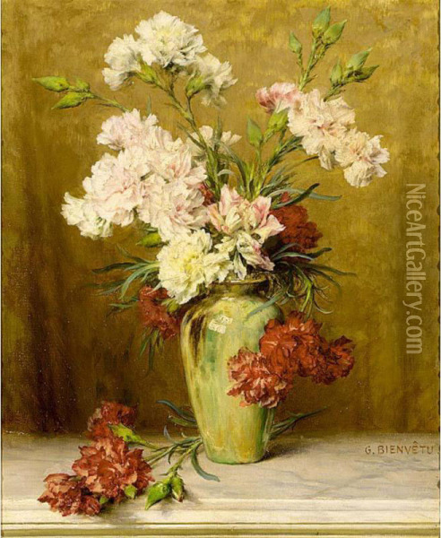 A Still Life With Carnations In A Green Vase Oil Painting - Gustave Bienvetu