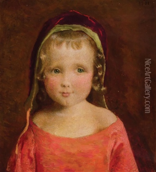 Little Girl In A Crimson Bonnet Oil Painting - George de Forest Brush
