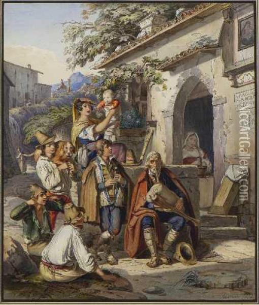 Pifferari Vor Dem Bauernhaus Oil Painting - Johann Baptist Kirner