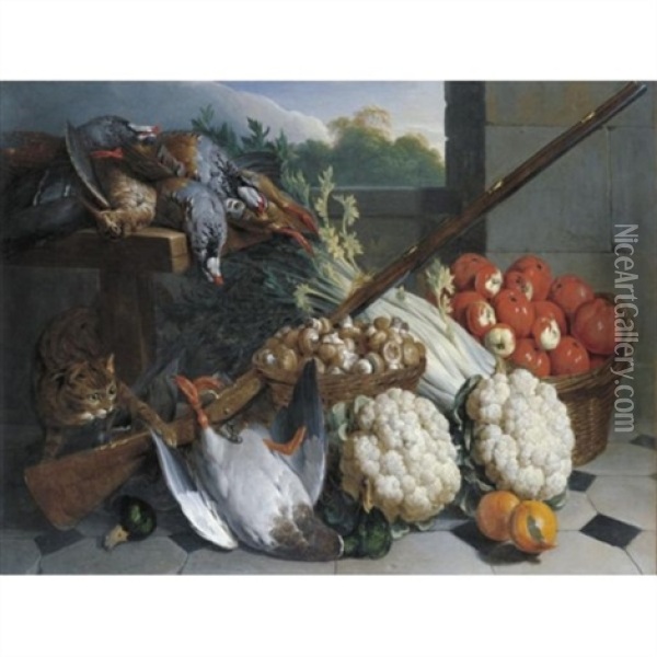 A Still Life Of Game With A Musket, Baskets Of Apples And Mushrooms, A Bunch Of Celery, Two Cauliflowers And A Cat Oil Painting - Alexandre Francois Desportes