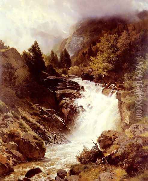 A Waterfall In The Bavarian Alps Oil Painting - Johann Gottfried Steffan