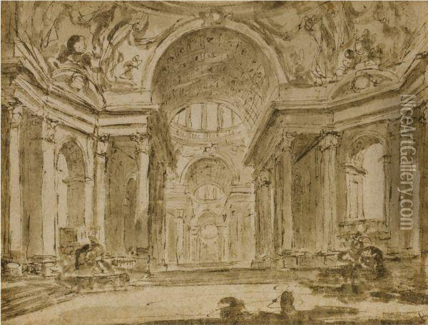 A Capriccio Temple Interior Oil Painting - Charles Michel-Ange Challe