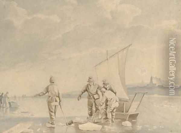 Dutch fishermen netting their catch on a frozen waterway Oil Painting - Johannes Hermanus Snr Koekkoek