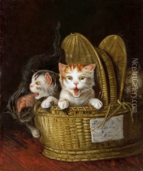 Korb Mit Drei Jungen Katzen Oil Painting - Louis Eugene Lambert
