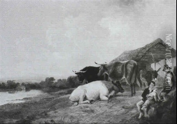 Figures, Cattle And A Donkey Before A Barn, A River         Landscape Beyond Oil Painting - George Vicat Cole