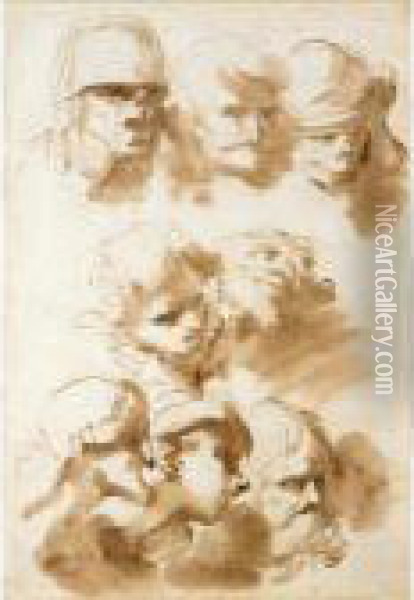 Sheet Of Studies Of Heads Oil Painting - Gaetano Gandolfi