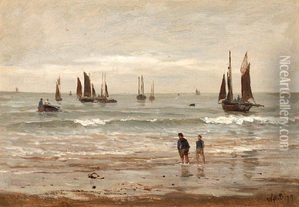 Beach Scene With Figures And Boats Oil Painting - William Howard Hart