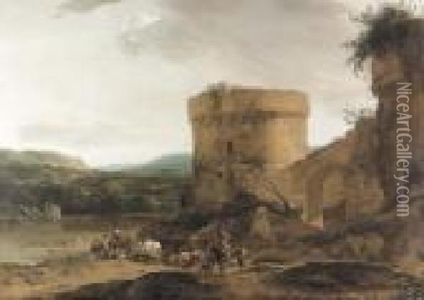 Flusslandschaft Mit Plautiergrabmal Und Staffage. Oil Painting - Nicolaes Berchem
