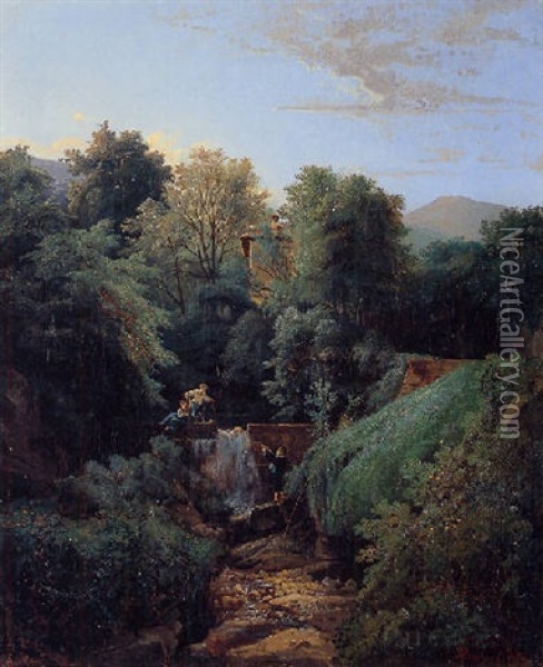 Figures By A Waterfall With A Mountainous Landscape Beyond Oil Painting - Henri Pierre Leon Pharamond Blanchard