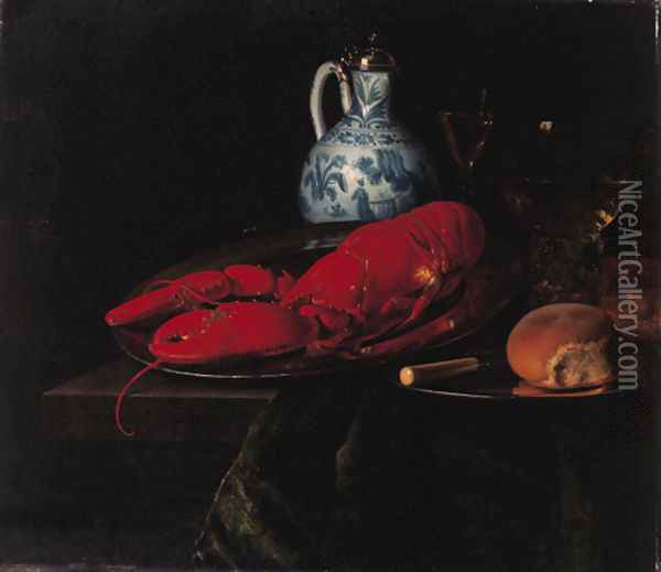A lobster, a bun and a knife on a pewter plate, a roemer, a wine glass and a Delft jug with a Chinese blue and white silver mounted ewer Oil Painting - Simon Luttichuys