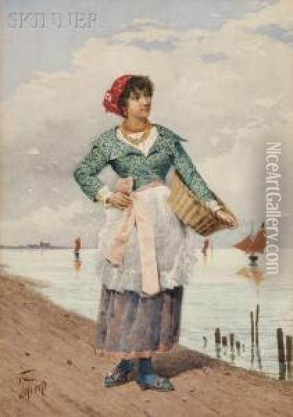 Young Fisherwoman With Basket Oil Painting - Filippo Indoni