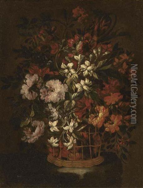 Carnations, Narcissi, Rhododendrons And Other Flowers In A Basket On A Ledge Oil Painting - Bartolome Perez