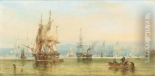 Shipping Off Greenwich Oil Painting - George William Crawford Chambers