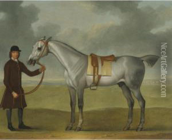 Mr. Thomas Panton's Crab, A Grey Racehorse, Being Held By A Groom On Newmarket Heath Oil Painting - James Seymour