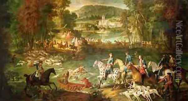 Hunting at the Saint-Jean Pond in the Forest of Compiegne, before 1734 Oil Painting - Jean-Baptiste Oudry