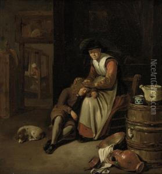 An Old Woman Checking A Young Boy's Hair For Lice Oil Painting - Dominicus van Tol