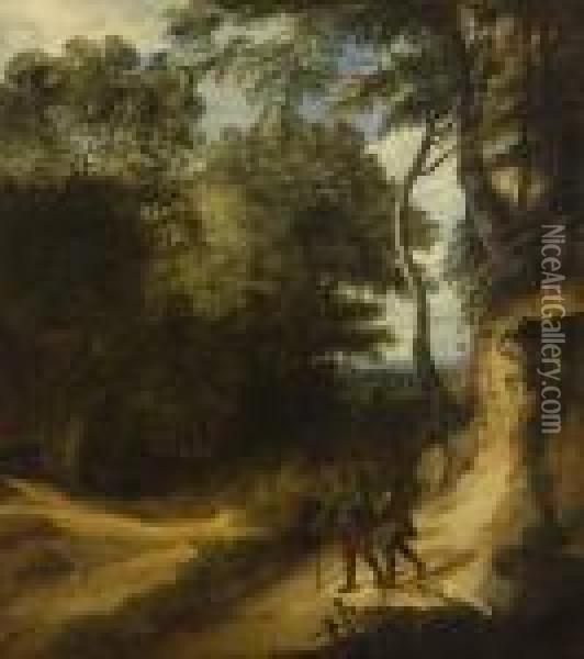 Baumlandschaft Mit Zwei Wanderern. Oil Painting - Jaques D'Arthois