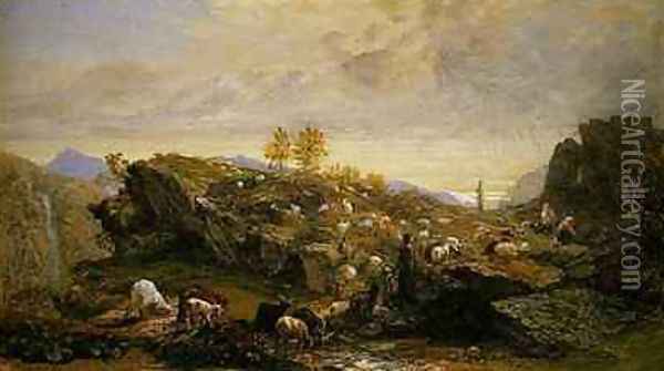 Rustics with Sheep and Goats in a Rocky Landscape Oil Painting - Samuel Palmer