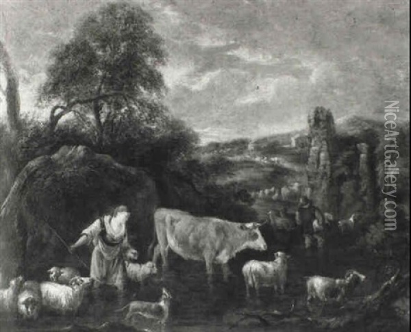Rocky Landscape With Shepherd Pair Driving Cattle Across River Oil Painting - Michiel (Carree) Carre