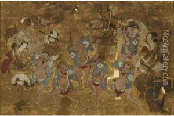 A Section Of Makimono Mounted On Board, Possibly 18th Century Oil Painting - Makimono Mounted