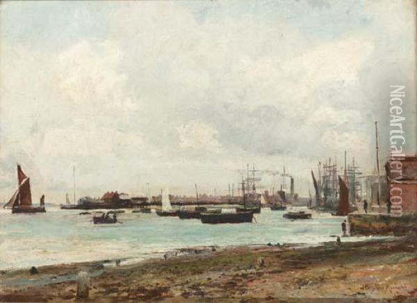 A Harbour At Low Tide Oil Painting - John William Buxton Knight