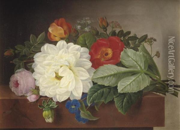 A Bouquet Of Flowers On A Marble Ledge Oil Painting - Johan Laurentz Jensen