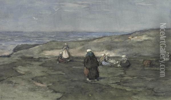 Mending The Nets In The Dunes Oil Painting - Johannes Evert Akkeringa