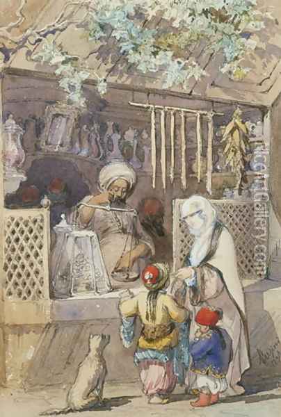 Turkish Figures at a Sweetmeat Stall, 1851 Oil Painting - Amadeo Preziosi