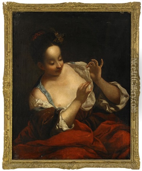Kvinna I Rod Klanning Oil Painting - Jean Raoux