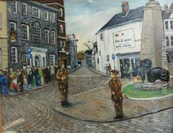 Waiting For The Parade Lewes War Memorial Oil Painting - Frank Richards
