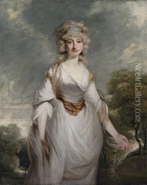 Portrait Of Lady Almeria Carpenter In A White Dress With A Chiffon Shawl, In A Landscape Oil Painting - Richard Cosway