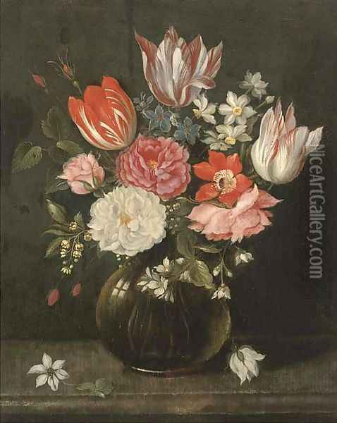 Parrot tulips, narcissi, roses, anemones and other flowers in a glass vase on a stone ledge Oil Painting - Jakob Marrel