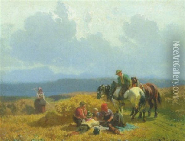 Bauernfamilie Bei Der Mittagsrast Auf Dem Kornfeld Oil Painting - Julius Noerr