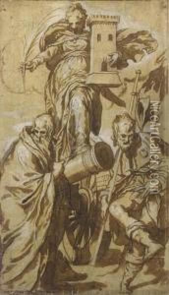 Saint Barbara With Saint Anthony Abbot And Saint Roch Oil Painting - Paolo Farinati