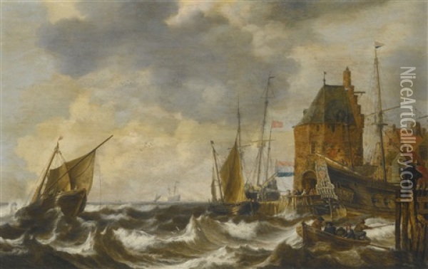 Dutch Vessels And A Rowing Boat On Choppy Waters By A Small Harbour Town, A Man O War Safely Moored And Two Gentlemen Overlooking The Scene In The Foreground Oil Painting - Bonaventura Peeters the Elder