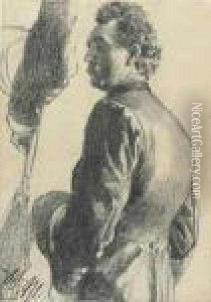 Homme Vu De Dos En Redingote 
Avec Son Chapeau A La Main, Etudesubsidiaires Du Bras Gauche Oil Painting - Adolph von Menzel