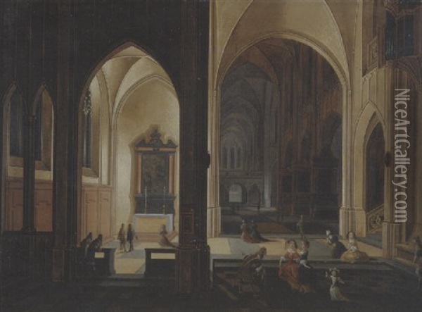 The Interior Of A Gothic Cathedral By Candlelight, With Elegant Company By A Side Altar Oil Painting - Lodowyk Neeffs