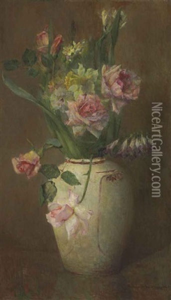 Spring Flowers With Roses, Daffodils And Larkspur Oil Painting - Maria Oakey Dewing