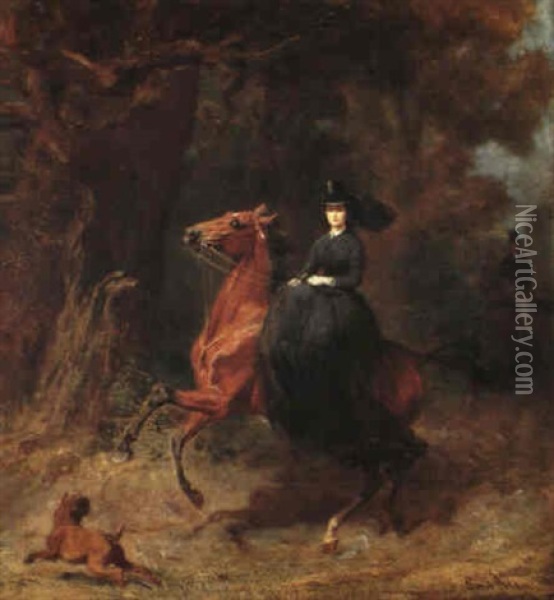Kaiserin Elisabeth (sissi) Zu Pferd, Im Hintergrund         Schemenhaft Ein Reiter Oil Painting - Emil Adam