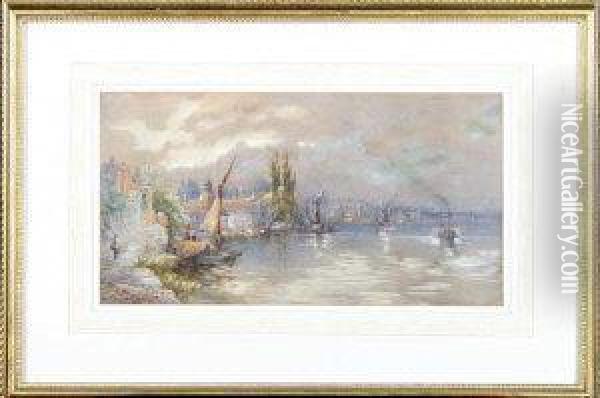A View On The Thames With A Paddle Tug And Barges Oil Painting - Walker Stuart Lloyd