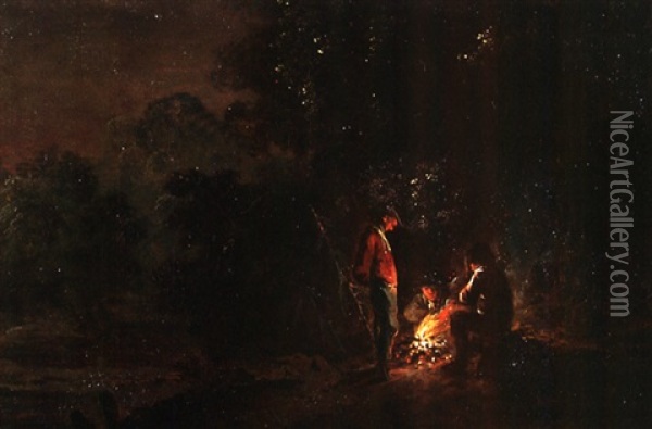 Nachtszene An Einem Waldrand Mit Drei Mannern An Einem Lagerfeuer Oil Painting - Philipp Hieronymus Brinckmann