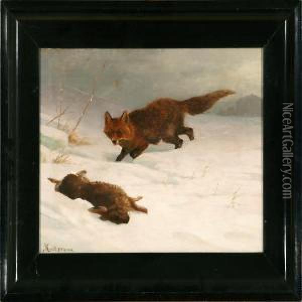 A Fox In A Winterlandscape Oil Painting - Adolf Henrik Mackeprang