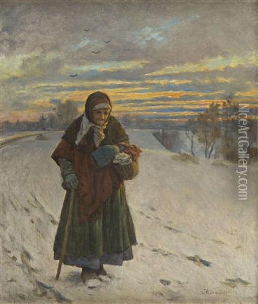 Old Woman In A Winter Landscape Oil Painting - Anton Kozakiewicz