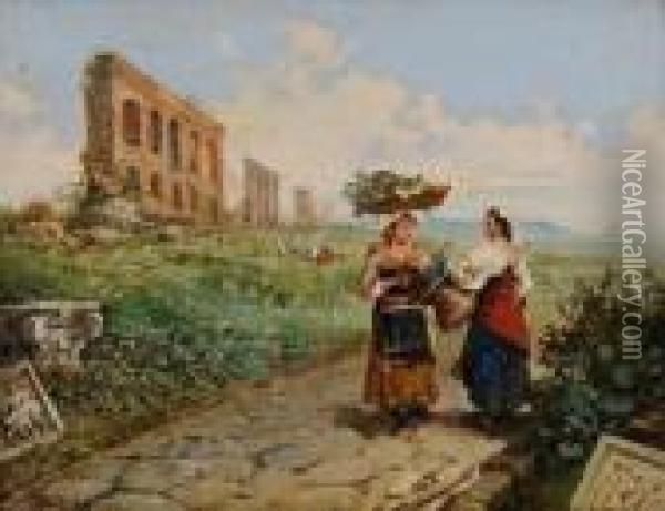 Campagna Romana Con Contadine Sullo Sfondodell'acquedotto Claudio Oil Painting - Pio Joris