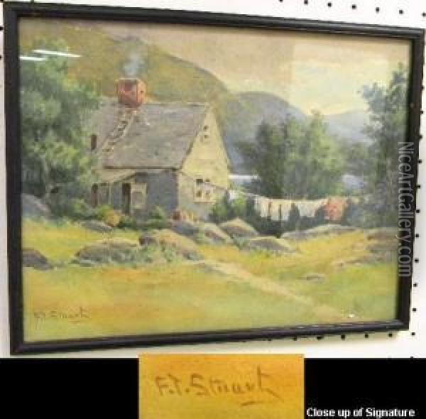 Cottage With Clothesline Oil Painting - Frederick T. Stuart