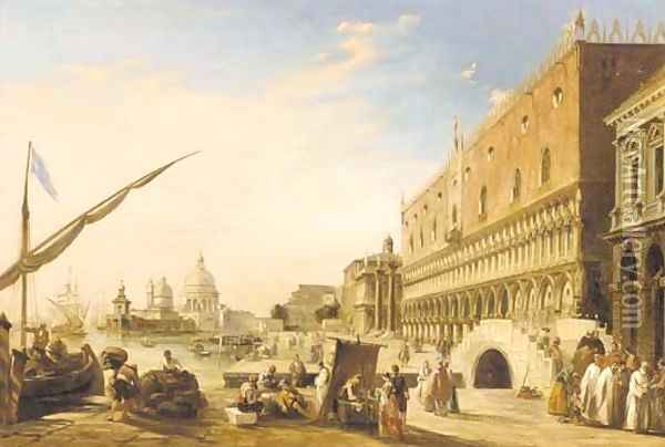 The Riva degli Schiavoni with the Doge's Palace looking towards the Church of Santa Maria della Salute, Venice Oil Painting - Edward Pritchett