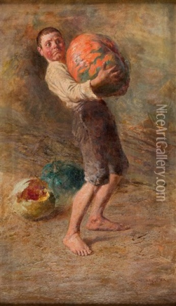 A Boy With Pumpkin Oil Painting - Geza Peske