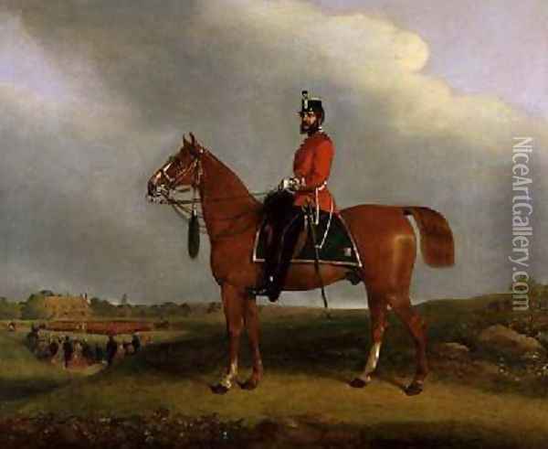 An Officer of the Bedford Light Infantry Militia mounted on a charger Oil Painting - C.P. Langley