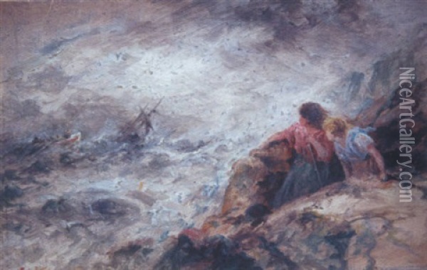 Watching The Shipwreck From The Rocks Oil Painting - Sarah Louise Kilpack